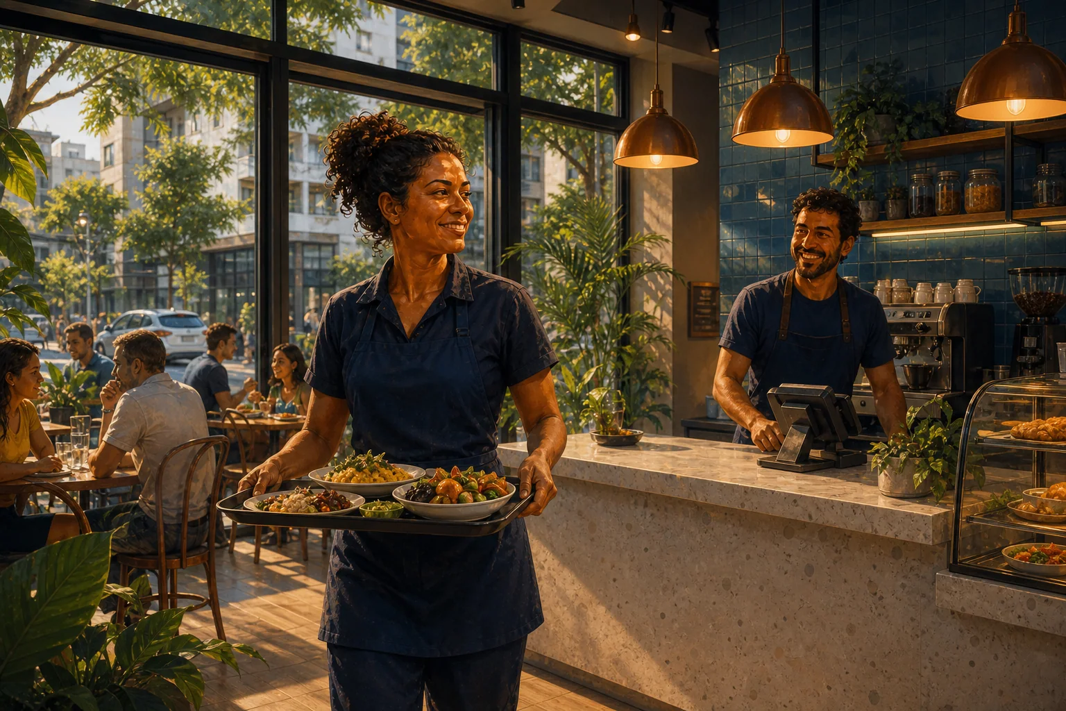 Ilustração de profissionais atendendo em um restaurante brasileiro contemporâneo
