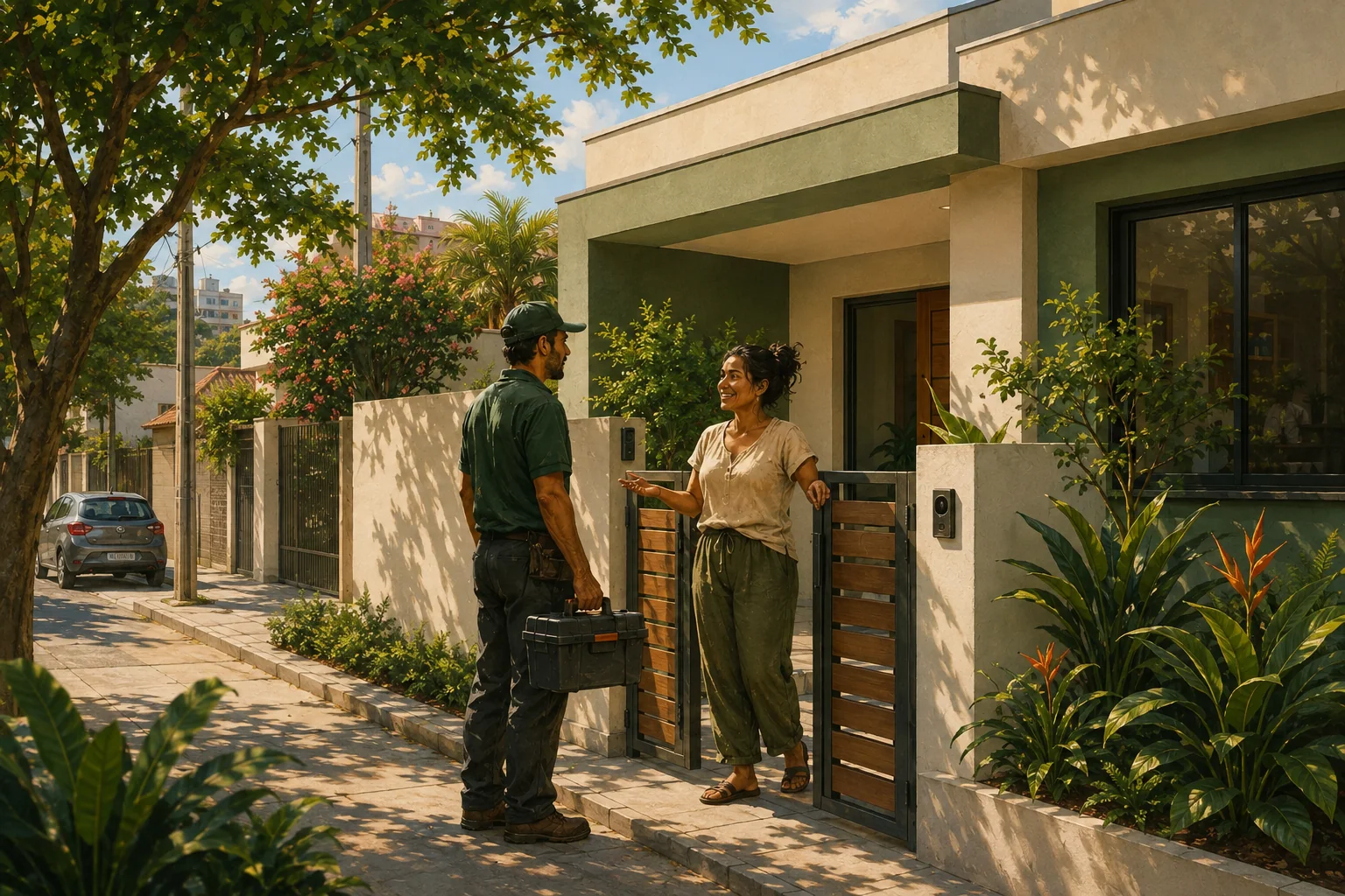 Ilustração de uma moradora conversando com um profissional no portão de uma casa contemporânea em um bairro brasileiro.