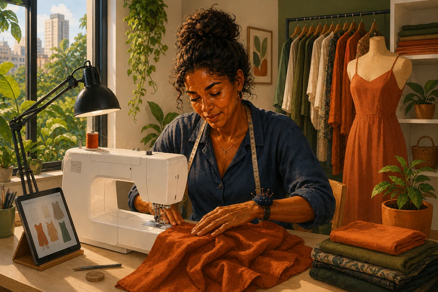 Ilustração de uma costureira em um ateliê moderno, trabalhando com uma máquina de costura eletrônica